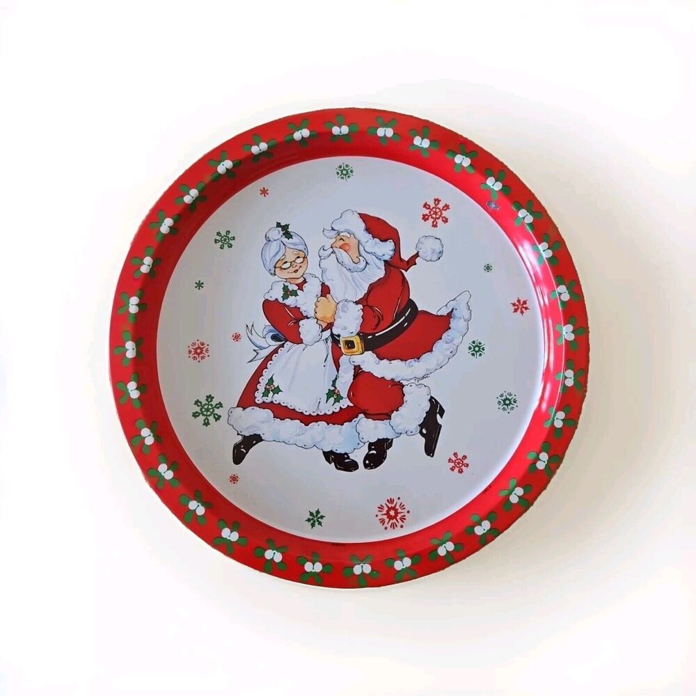 VINTAGE CHRISTMAS TIN SERVING TRAY - SANTA & MRS CLAUS